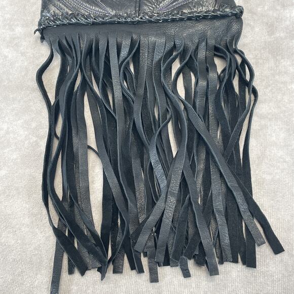 Vtg Black Leather Western Boot Fringe Crossbody Purse Indian Coin Blue Stitching - Picture 3 of 12